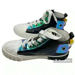 Black Leather Hi Top Sneakers Iridescent Eyelet & Heel D:fuse Scandinavia RARE